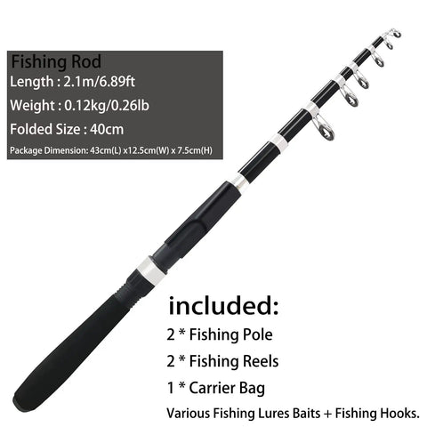 All In One Fishing Pole Combo Kit With 2 Telescopic Rods And 2 Spinning Reels Carrier Bag Lures And Hooks setup with extended rod