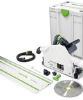 Workhorse Plunge Cut Circular Track Saw with 75 inch guide rail, cutting blade, and storage case for precise woodworking