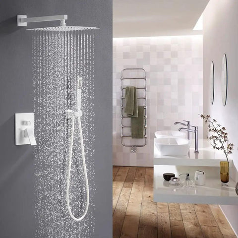 White Shower System With High Pressure Rain Shower Head 12 Inch, handheld shower, faucet trim valve, wall mounted rain mixer set