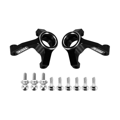 Black CNC machined steering knuckles with screws, part of Beefed Up Aluminum Front And Rear Suspension Arms package for Losi Micro B and Micro T.