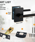 Passage Door Levers Set For Interior Use Beefy Heavy Duty Square Door Handles parts list with latch, strike plate, screws.
