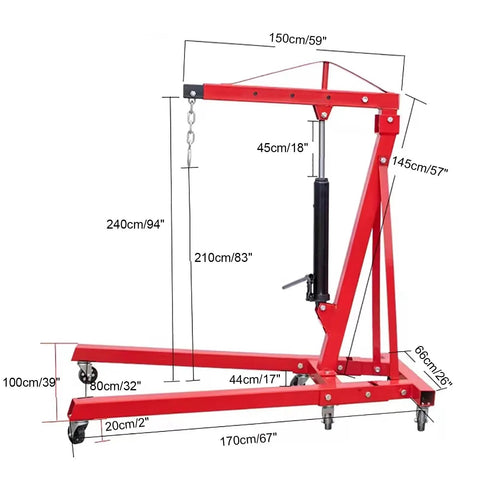 Heavy Duty 2 Ton Hydraulic Engine Hoist, Alloy Steel Cherry Picker Lift dimensions and details diagram.