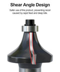 Close-up of shear angle design on Pro Grade Tungsten Carbide Router Bits Set With One Half Inch Shank, 12 Piece Multi-Functional Kit.