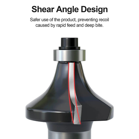 Close-up of shear angle design on Pro Grade Tungsten Carbide Router Bits Set With One Half Inch Shank, 12 Piece Multi-Functional Kit.