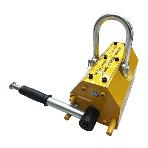 Hardcore Heavy Duty Magnetic Lifter With Sure Grip Release Handle And 2200 Lbs Capacity, yellow steel lifting tool for hoisting.