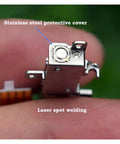 Close-up of 5mm Gearbox Stepper Motor, 8mm Stroke Linear Actuator, showing stainless steel cover and laser spot welding detail.