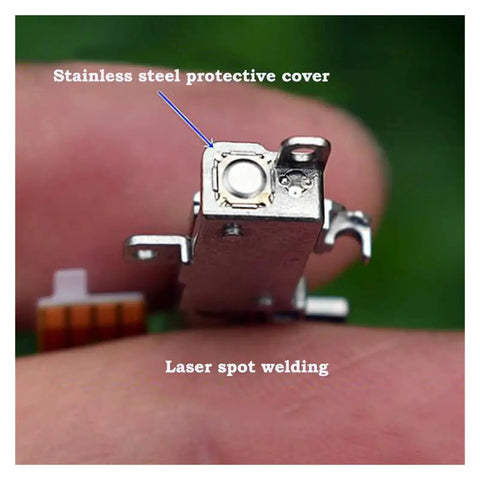 Close-up of 5mm Gearbox Stepper Motor, 8mm Stroke Linear Actuator, showing stainless steel cover and laser spot welding detail.