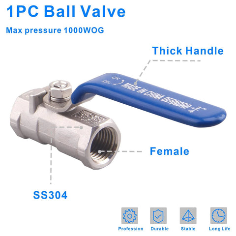 1PC stainless steel ball valve with blue lever handle and female threaded ends (SS304)