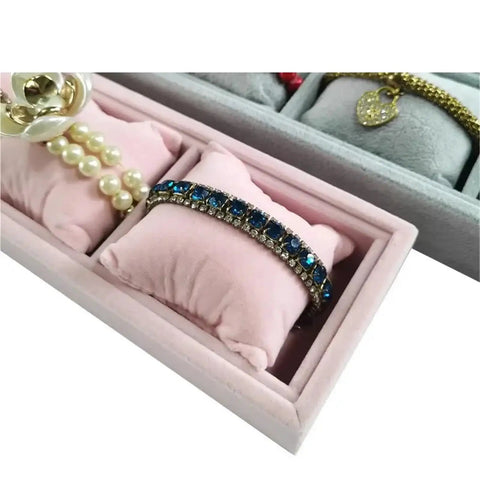 Two Pack Four Compartment Jewelry Organizer Tray In Grey Velvet With Soft Foam Bases That Keep Watches And Bracelets Secure Slick Display Holder To Store Your Dope Collection Crisp And Scratch Free featuring pearls and blue bracelet.