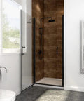 Slick Matte Black Frameless Pivot Shower Door Featuring Thick Clear Tempered Glass And Smooth Reversible Swing Action For A Straight Up Bathroom Upgrade in modern bathroom setting.