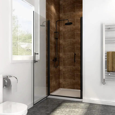 Slick Matte Black Frameless Pivot Shower Door Featuring Thick Clear Tempered Glass And Smooth Reversible Swing Action For A Straight Up Bathroom Upgrade in modern bathroom setting.