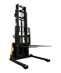 Heavy Duty Fully Electric Wide Leg Pallet Stacker With 3307 Pound Load Capacity And 130 Inch Lift Height shown from the front, highlighting its robust design.
