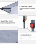 Easy Pop Up Gazebo 11 By 11 With Mosquito Netting showcasing expanded awning, adjustable height, and drainage holes features.