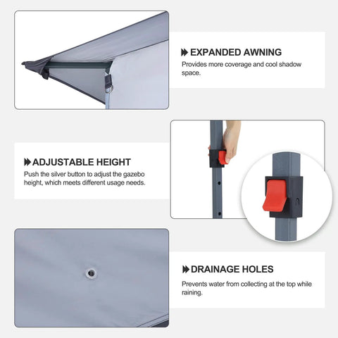 Easy Pop Up Gazebo 11 By 11 With Mosquito Netting showcasing expanded awning, adjustable height, and drainage holes features.