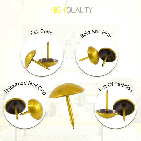 Killer One Inch Gold Antique Upholstery Tacks Pack Of Thirty For Slick Furniture Restorations showcasing thickened nail caps and sturdy design.