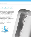 Close-up of 30 Inch Single Bowl Stainless Steel Kitchen Sink 16 Gauge 304 Grade showing seamless edge and rounded corner design.