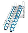 Heavy Duty Electric Telescopic Ladder Folding Attic Stairs Retractable Loft Access With Wide Non Slip Treads viewed from side with blue non-slip treads.