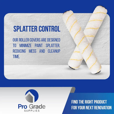 Microfiber Paint Roller Covers 1/2 Inch Nap By 14 Inches, 6 Pack with no shed feature on display with text about splatter control