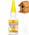 Heavy Duty Fast Setting Wood Glue For Furniture And Woodworking And Clear Water Resistant Adhesive With A Knockout Grip next to a wooden birdhouse.