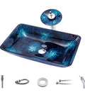 Sharp Blue Tempered Glass Vessel Bathroom Sink With Smooth Countertop Basin And Sweet Art Design For Zero Stress Cleaning and Top Shelf Everyday Durability, top view with faucet parts.