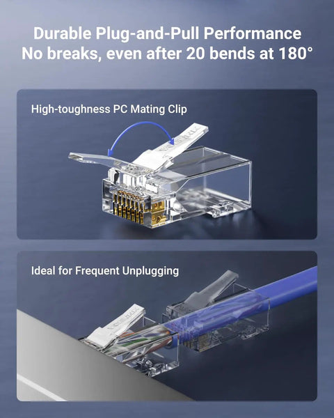 Durable Cat6 RJ45 Pass Through Connectors Kit With Storage Can For 10Gbps Ethernet Gold Plated Ends shown unplugged.