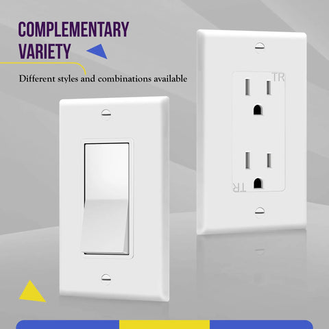 Decorator Wall Plate 1 Gang Switch Receptacle Cover, Built Tough With Unbreakable Polycarbonate Thermoplastic, heat and fade resistant, 4.50 x 2.76 Inches, White, 10 Pack UL Listed 8831W, showing switch and outlet style options.