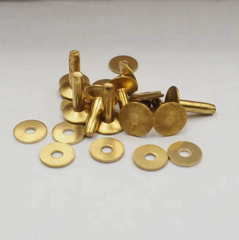 Fifty Pack Dang Solid Brass Stud Rivets And Flat Washers Size 12 Three Quarter Inch Long tough brass hardware for leather crafting.