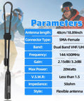 High Gain 18.89 Inch Dual Band Ham Radio Antenna 144/430 MHz Tactical UHF VHF Beefed Up Long Range Signal Booster next to specifications chart with skiing background