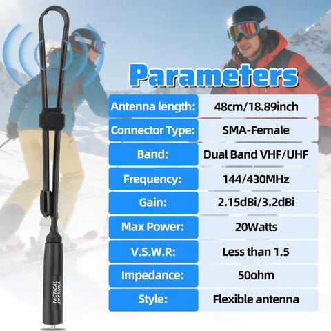 High Gain 18.89 Inch Dual Band Ham Radio Antenna 144/430 MHz Tactical UHF VHF Beefed Up Long Range Signal Booster next to specifications chart with skiing background