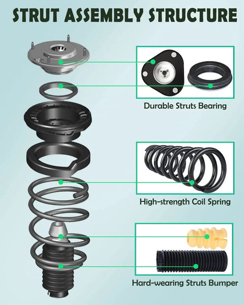 Exploded view of Front And Rear Complete Strut And Spring Assembly for Nissan Titan 2004 to 2015, showing components.