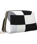 Hella Cool Black And White Piano Plate Grid Print Portable Makeup Bag For Women offering tough waterproof PVC finish and side view.