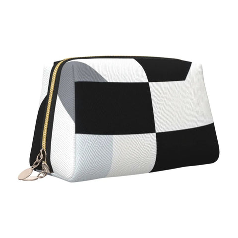 Hella Cool Black And White Piano Plate Grid Print Portable Makeup Bag For Women offering tough waterproof PVC finish and side view.