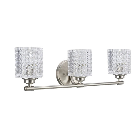 Three Light Metal Bathroom Vanity Wall Light Fixture, 24 Inch Wide, Brushed Nickel Finish With Clear Glass Shades, Transitional Style