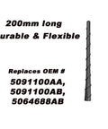 8 Inch Roof Radio Antenna Mast Replacement for Jeep Grand Cherokee Cherokee Dodge Journey Avenger Durango Dart Fits 2011 Through 2023 Durable Flexible Rubber Antenna next to text of length and OEM numbers.