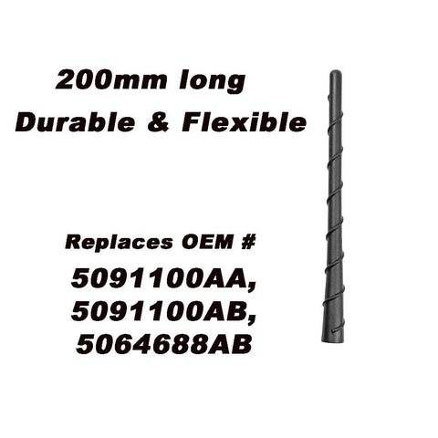 8 Inch Roof Radio Antenna Mast Replacement for Jeep Grand Cherokee Cherokee Dodge Journey Avenger Durango Dart Fits 2011 Through 2023 Durable Flexible Rubber Antenna next to text of length and OEM numbers.