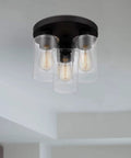 Modern Farmhouse 3 Light Flush Mount Ceiling Light Fixture With Clear Glass Shade In Dark Bronze Finish For Hallway Entryway Passway Bedroom Garage Kitchen Balcony Living Room