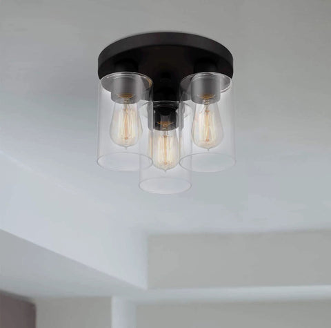 Modern Farmhouse 3 Light Flush Mount Ceiling Light Fixture With Clear Glass Shade In Dark Bronze Finish For Hallway Entryway Passway Bedroom Garage Kitchen Balcony Living Room