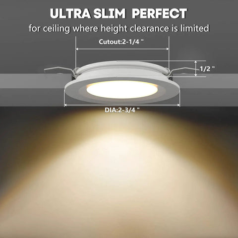 Tough As Nails 2.75 Inch Slim Recessed Ceiling Light With Dimmable LED Puck showing cutout and diameter dimensions for RV use.