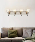 Living room view with 32 Inch Vanity Light Fixture Brushed Nickel Wall Sconce With Clear Glass Shades Vintage Farmhouse Bathroom Lighting Four Light Mount For Mirror And Vanity