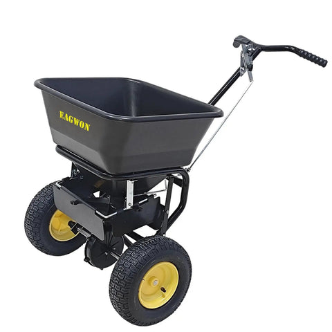 Pro Grade Walk Behind Broadcast Spreader For All Season Lawn Care And Commercial And Residential Use With 100Lb Hopper And 13 Inch All Terrain Pneumatic Tires Enclosed Gearbox Grate Cover Spreads Seed Fertilizer Salt And Snow Melt Across Large Areas