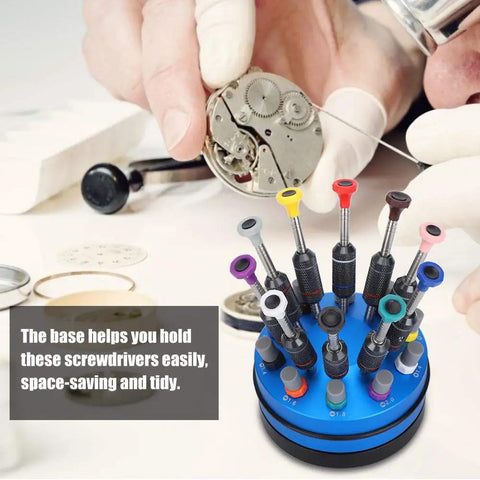 Precision Screwdriver Set For Electronics Repair With High Torque 10 Piece Professional Tool Kit shown in rotating stand