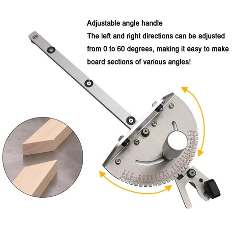 Real Deal Adjustable Miter Gauge For Table Saw With Easy No Sweat Angle Adjustments And Hella Solid Aluminum Guide Knob For Pro Woodworking and Router Accessories showing adjustable angle handle for precise cuts.
