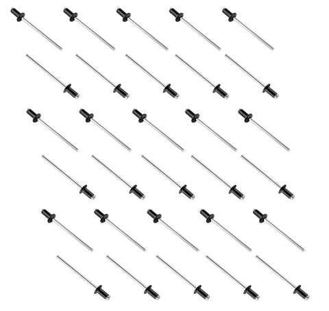 Black Aluminum Blind Rivets Set 100 Pcs One Eighth By One Quarter Inch Grip For Marine Boat Kayak DIY Repairs shown spread out
