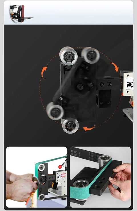 Heavy Hitter Brushless Electric Belt Sander And Knife Sharpener With Adjustable Speed, close-up of rollers and sharpener mechanism.