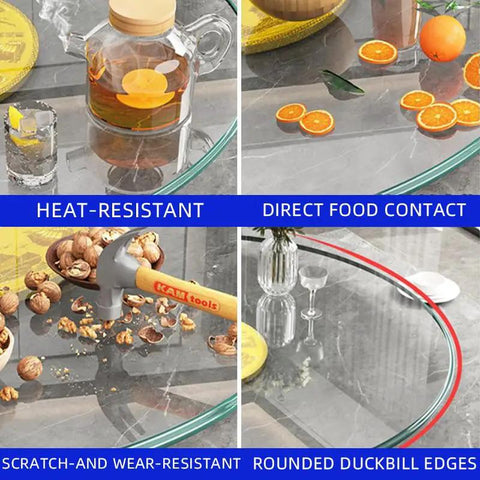 Super Smooth Tempered Glass Lazy Susan For Dining Table 360 Degrees Turntable showcasing heat-resistant design and direct food contact.