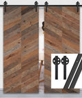 Black Steel Sliding Barn Door Hardware Kit With Big Rollers For 7 Foot Track shown with wooden doors installed