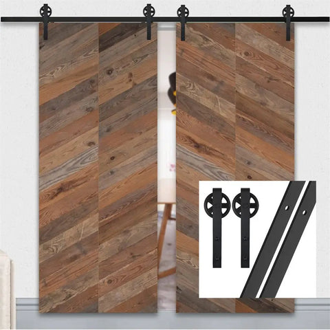 Black Steel Sliding Barn Door Hardware Kit With Heavy Duty Big Rollers For 5Ft To 9.6Ft Track Systems shown on wood doors