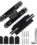 Two Pack 6 Inch Hidden Door Hinges Zinc Alloy Heavy Duty Concealed Hinge 180 Degree Swing 3 Way Adjustable Butt Hinge Black 6 X 2.5 X 1 Inches Fits 80lb Doors By MARNER, showing components and screws.