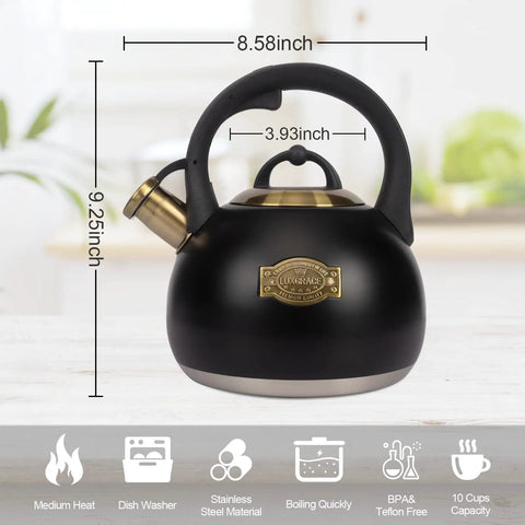 Stovetop Tea Kettle Made From Food Grade Stainless Steel 3.1 Quart Whistling Water Kettle For Home And Kitchen With Thick Durable Body And Five Layer Bottom For Even Heating And Quick Boils A Real Kitchen Workhorse, shown in black with dimensions.
