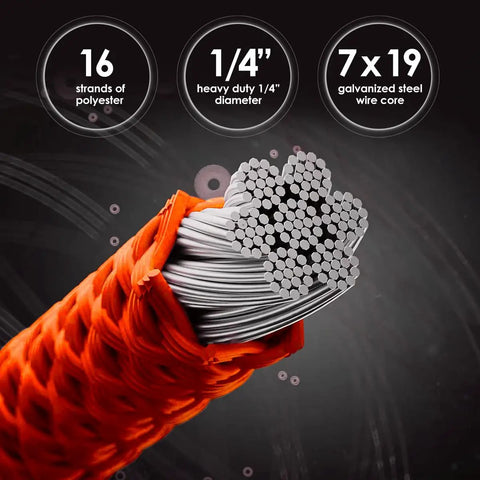 Cross-section view of 2 Pack Steel Wire Core Flipline Kit 1/2 Inch By 8 Feet For Tree Climbing Lanyard, showing 7x19 steel core strands.